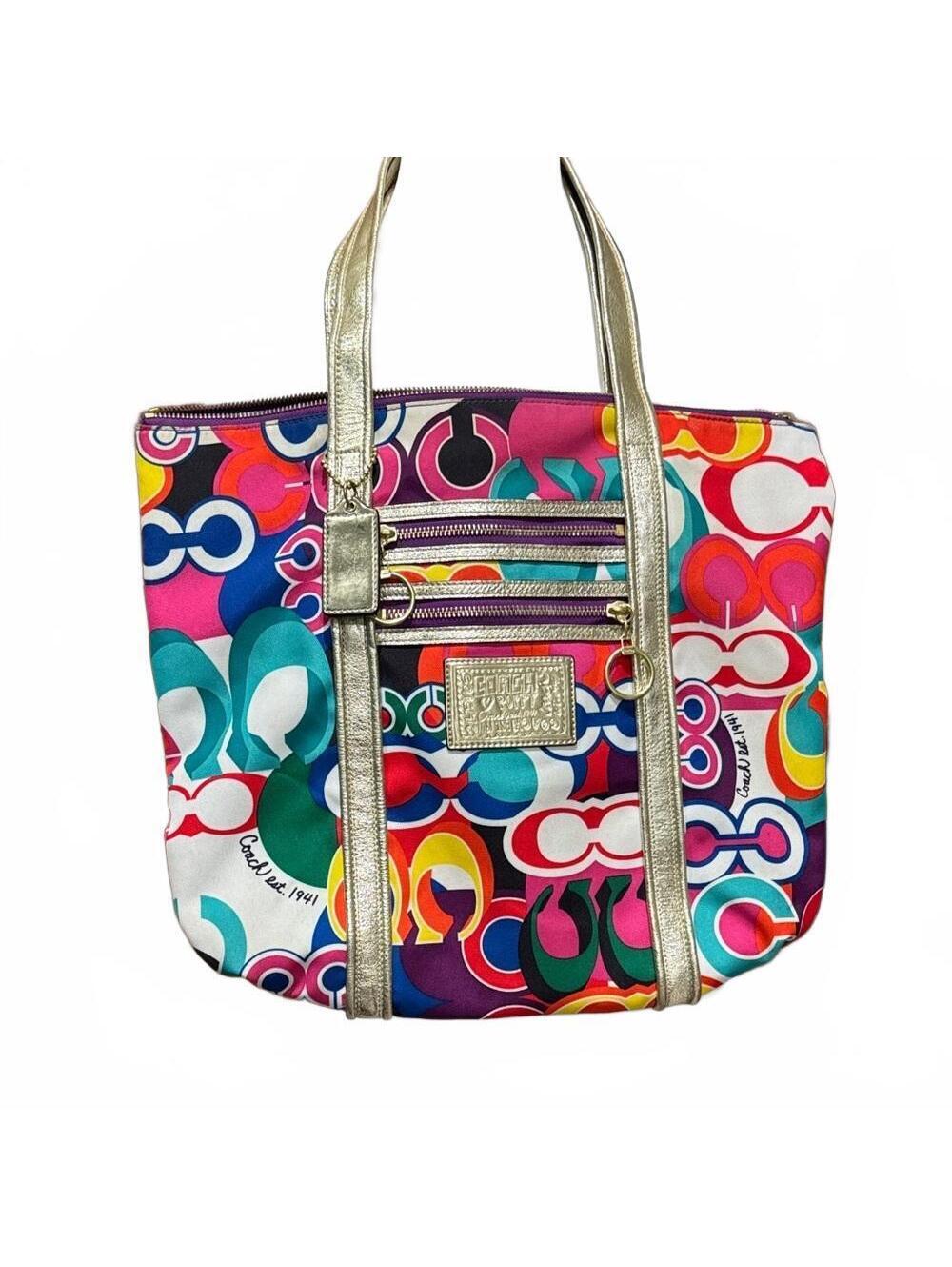 Coach Certified Authentic Multicolor Signature Tote with Gold Leather Straps